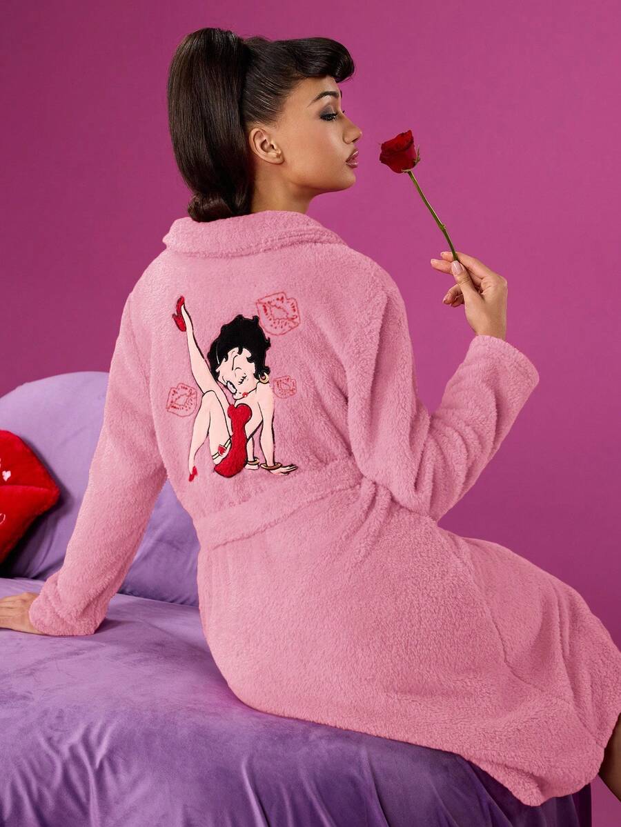 Betty Boop x SHEIN Women's Autumn/Winter Heart & Figure Embroidered Plush Robe - Pink - View 1