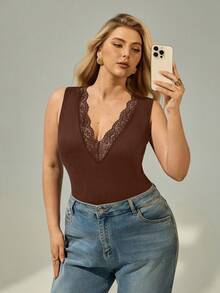 SHEIN Essnce Plus Size Women's Spring And Summer Fashion Elegant Casual Comfortable Sexy Deep V Lace Splicing Tight Tank Top,Curve Tops,Summer Outfits For Women,Sexy Black Tops,Valentines Clothes,Going Out Tops - Brown - View 4