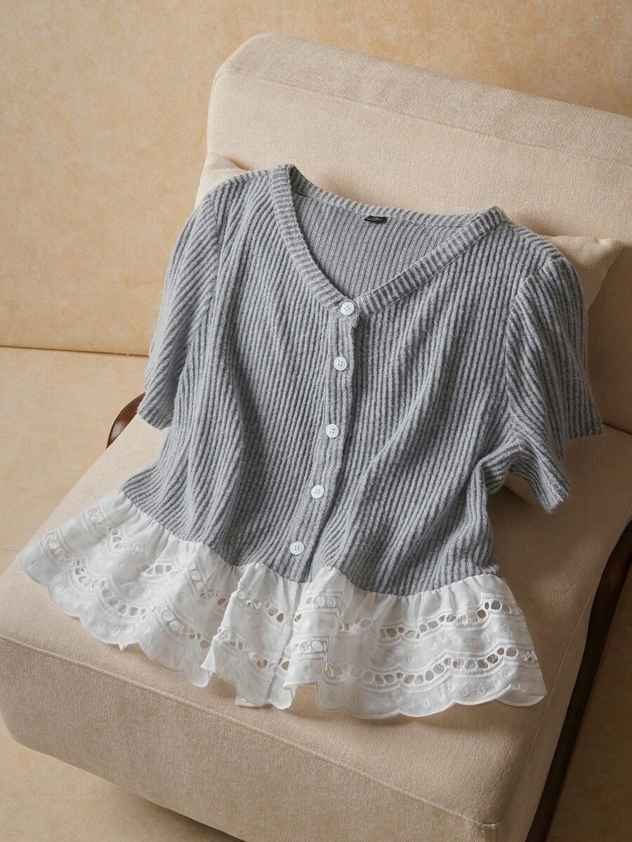 SHEIN Elaquor Áo thun mùa hè cỡ lớn, kiểu dáng thường ngày, phối màu tương phản, viền bèo nhún - Xám - Xem 1
