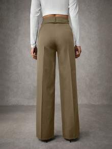 EURMUSE 女士纯色褶裥缝线细节西装裤 - 橄欖綠 - 查看 2