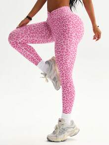 Dewbera 1pc Women's Seamless Sexy Leopard Print Tight High Elastic V-Waist Leggings For Running, Fitness, Cycling, Base Layer - Hot Pink - View 5