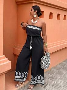 SHEIN LUNE Bộ áo liền quần in họa tiết dáng quây, thắt eo, cỡ lớn dành cho nữ, thích hợp cho kỳ nghỉ và mặc hàng ngày, mùa xuân/hè. - Đen và trắng - Xem 5