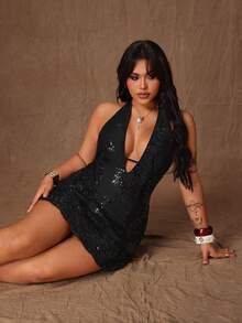 Rustia Plus Size Black Sequin Spaghetti Strap Crop Top Bodycon Party Mini Dress, Sleeveless Summer - Black - View 8