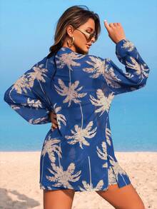 Swim Lushoire Set Pakaian Liburan Pantai Wanita - Atasan Lengan Panjang Motif Pohon Kelapa Jala, Celana Pendek Serut Bermotif, Set Penutup Tubuh - Biru - View 2