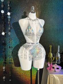 MidnightGlam 两件套女士性感连体衣搭配流苏亮片迷你裙，魅力四射 - 銀色 - 查看 9