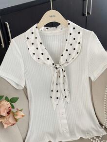 GlowEve 女士波点蝴蝶结拼接罗纹针织修身T恤 - 白色 - 查看 5