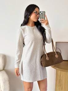 SHEIN PETITE Women's Casual Ribbed Long Sleeve Short Dress, Basic For Autumn/Winter Daily Wear - Apricot - View 5