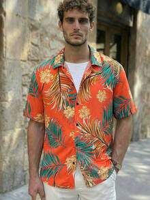 Manfinity BRENVOR Loose Fit Tropical Print Shirt For Men, No Tee - Orange - View 6