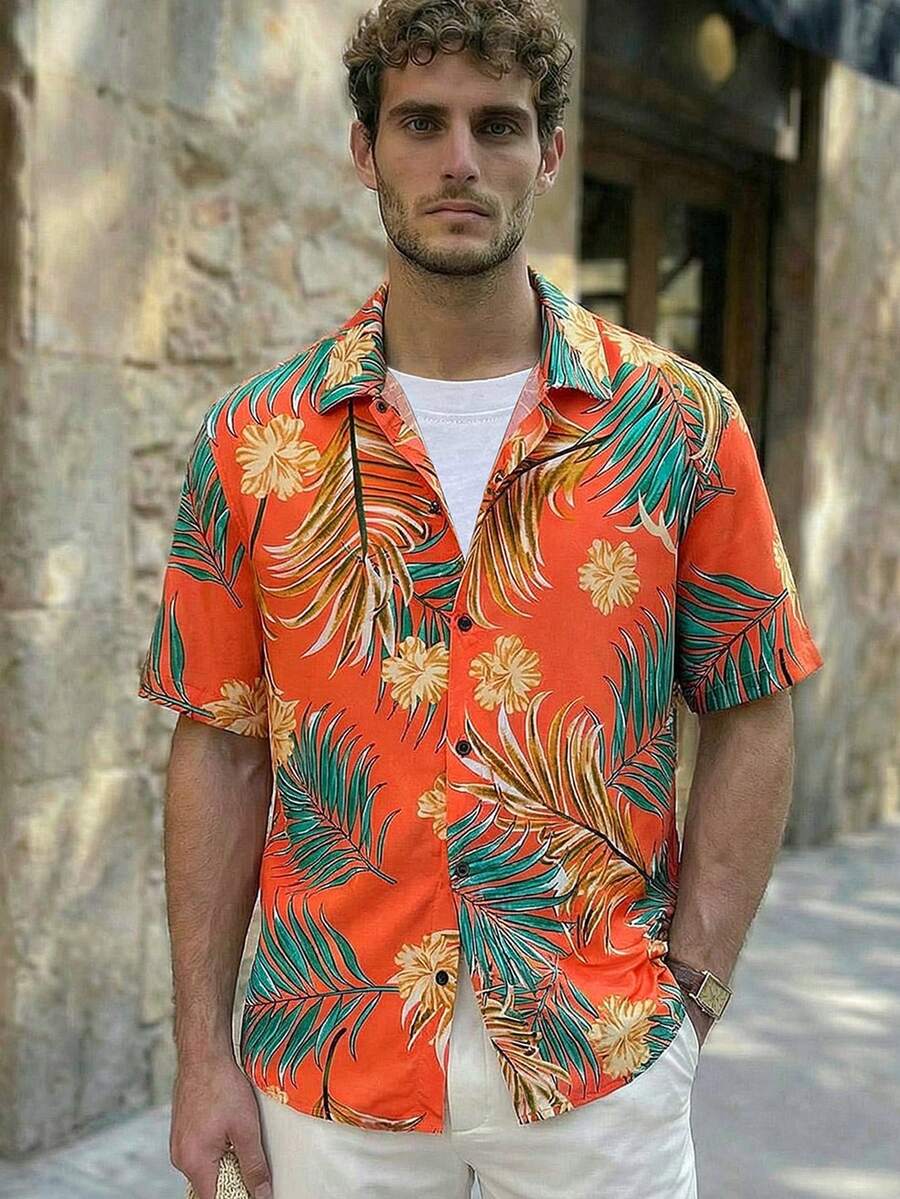 Manfinity BRENVOR Loose Fit Tropical Print Shirt For Men, No Tee - Orange - View 1