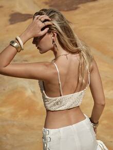 MOTF STUDIO 女士串珠针织吊带背心，弹力打底吊带衫，适合春夏穿着 - 杏色 - 查看 2