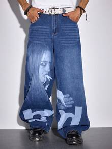 ROMWE MEN Men's Loose Fit Graphic Pocket Wide Leg Casual Jeans - Blue - View 2