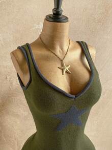 Soleia Women's Casual Vacation Style Star Pattern Trim Sweetheart Neck Fitted Sweater Dress, Without Belt - Green - View 5