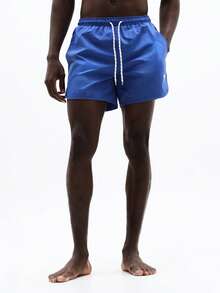 SUMWON Men Beach Swimming Shorts With Curved Hem And Palm Tree Logo Detail Summer Vacation Swim Trunks - Blue - View 3