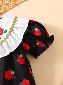 SHEIN 新生女婴橙色印花拼接白色蕾丝泡泡袖短袖连衣裙，夏季新款金色蕾丝玫瑰图案金色长袍，适合派对、聚会、晚宴和日常穿着，传统阿拉伯婴儿服装 - 黑色 - 查看 5