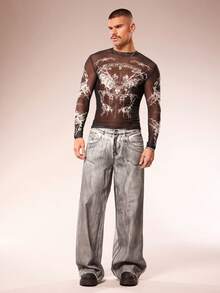 FeverCity Men's Slim Fit Sheer Round Neck Long Sleeve Fashionable Sexy T-Shirt - Multicolor - View 5