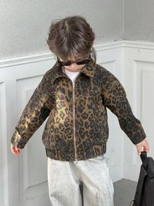 DAZY 男童豹纹拉链休闲牛仔外套 - 棕色 - 查看 8