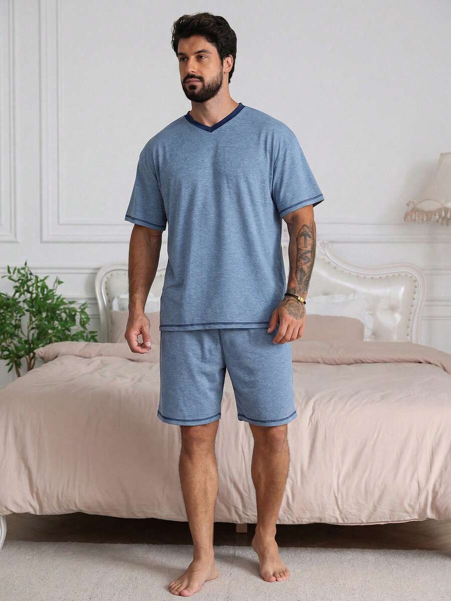 DAZY Men's Blue Short Sleeve T-Shirt And Shorts Pajama Set, Summer - Blue - View 1