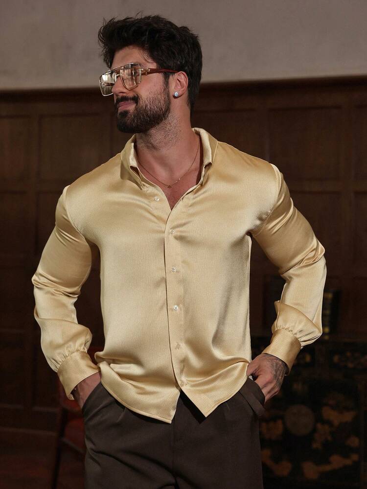 Apricot Glossy Casual Long Sleeve Shirt For Men, Spring/Summer