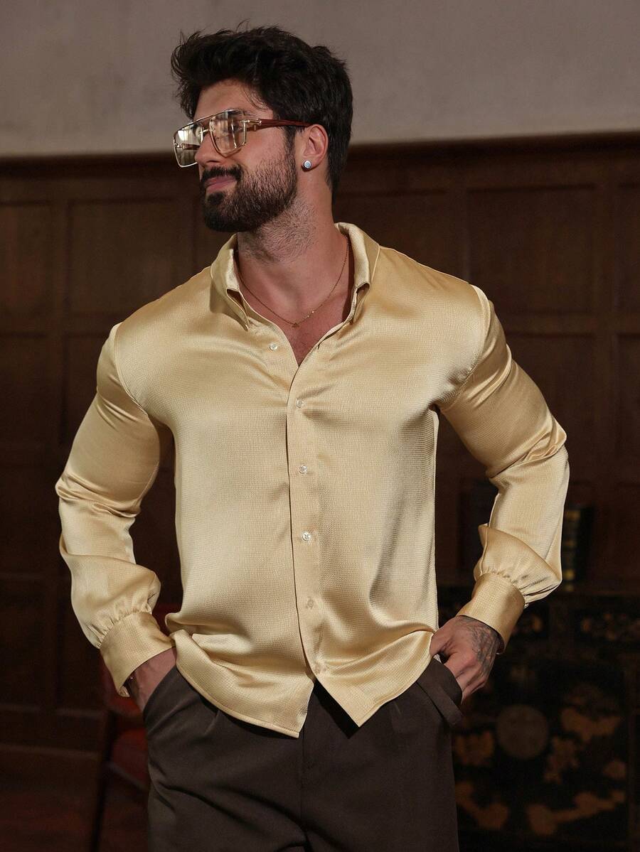 DAZY 杏色亮面休闲长袖衬衫，男士春夏款 - 杏色 - 查看 1