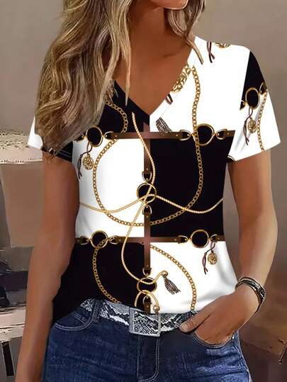 EMERY ROSE 2D Print Casual Fashion Vacation Abstract Painting Geometric Black White Block Patchwork Gold Chain Graphic All-Over Print V-Neck Short Sleeve T-Shirt, Casual Sports Shirt, Summer New Women Top