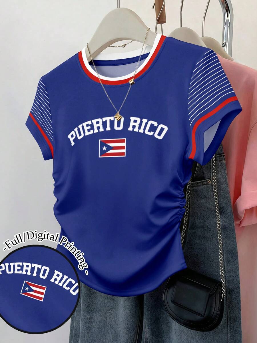 Resyla 女士收腰短袖修身褶皱腰部上衣波多黎各印花图案短袖条纹T恤 - 彩色 - 查看 1