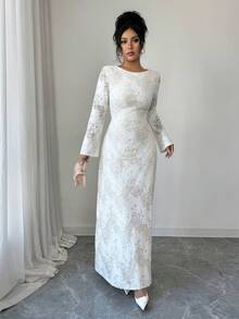 Elenzga 优雅浪漫时尚百搭圆领插肩长袖喇叭袖口蕾丝拼接针织面料修身A字连衣裙，女士 - 杏色 - 查看 4