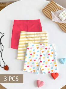 SHEIN Playful Pals 3件套女婴/幼儿休闲百搭彩色爱心条纹印花短裤，适合春夏日常穿着、外出和居家穿着 - 彩色 - 查看 1