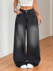 SHEIN Muchic Women's Black Low-Rise Wide-Leg Jeans With Bow Print On The Back , Y2K Casual Style, Music Festival. - Black - View 2