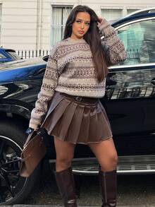 NegzBox 女式纯色带扣设计褶皱 PU 皮革短裙 - 咖啡棕 - 查看 4