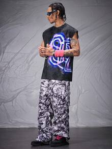 Manfinity VCAY Men's Loose Fit Data Print Knitted Sleeveless Crew Neck Tank Top - Black - View 5