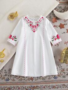 Ramadan Loose Casual Comfortable Round Neck Long Sleeve Dress For Baby Girl - White - View 2