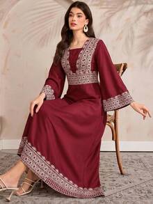 Al Najma Women's Square Neck Flare Sleeve Vintage Turkish Maxi Dress, Arabic Traditional Long Robe - Burgundy - View 1
