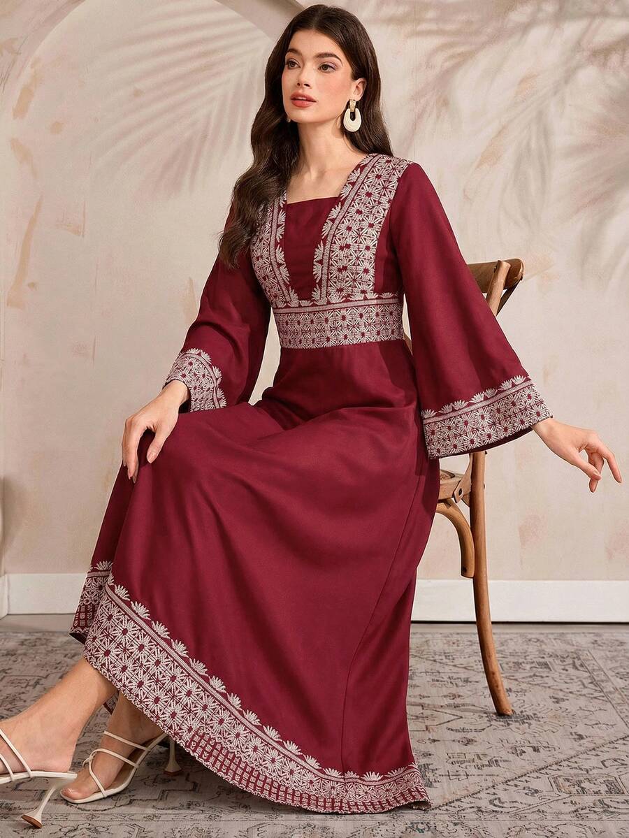 Al Najma Women's Square Neck Flare Sleeve Vintage Turkish Maxi Dress, Arabic Traditional Long Robe - Burgundy - View 1