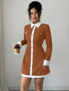 Selianne 女款優雅辦公室棕色與白色拼接鈕扣裝飾襯衫領長袖迷你洋裝，修身款，適合秋季派對、約會之夜與通勤 - 棕色 - 查看 7