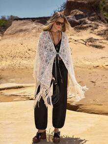 MOTF STUDIO WOMEN'S EMBROIDERED CROCHET-LOOK PONCHO STYLE BOHEMIAN TASSEL TIE SHAWL