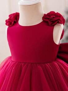 Glamorique Kids 女婴勃艮第缎面网眼高端礼服，3D 花朵，大蝴蝶结后背，蓬松裙摆，适合圣诞节、万圣节、婴儿生日派对，无袖套头连衣裙，适合庆祝、宴会、派对 - 酒紅色 - 查看 7