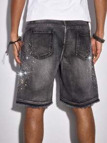 ROMWE MEN Street Life Men's Casual Washed Rhinestone Denim Shorts - Black - View 11