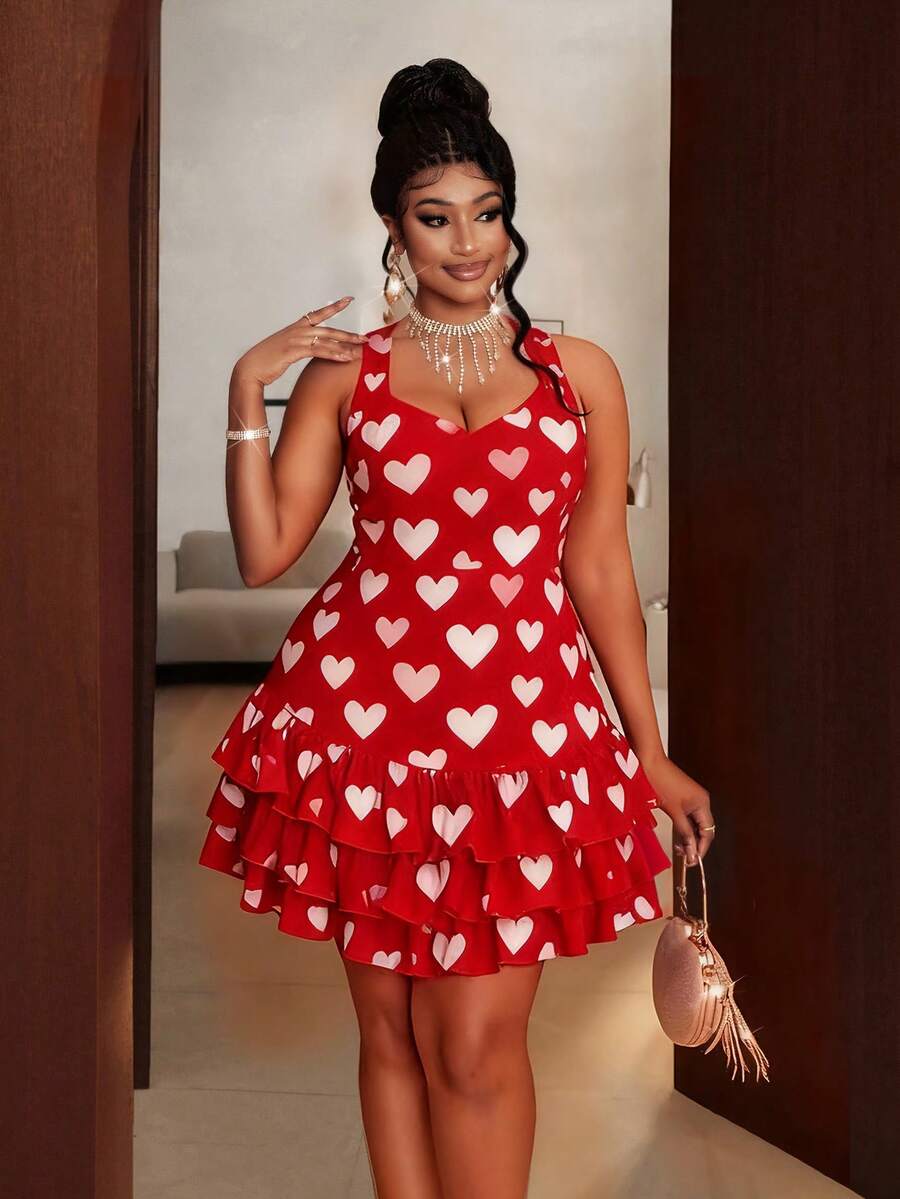 Maweii Plus Size Women's Elegant Party, Back To School, Music Festival, Valentine's Day Date Night Vacation Dress, Asymmetric Heart Patchwork, High-End Design Flared Skirt, V-Neck, Waist Cinching, Sleeveless, Versatile, Music Festival Fitted DressValentine's Day