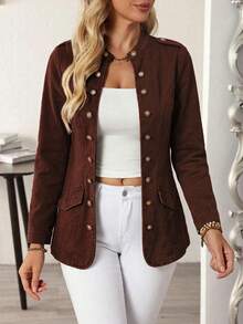 EMERY ROSE Plus Size Women's Long Sleeve Single-Breasted Casual Denim Jacket - Coffee Brown - View 8