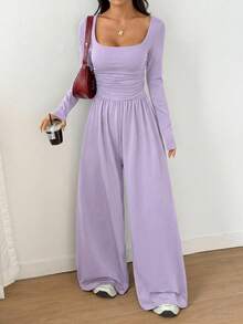 SHEIN Unity 女士方领长袖休闲简约褶皱连体裤 - 淡紫色 - 查看 1