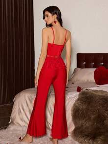 Slumberist Bộ đồ ngủ gồm áo hai dây và quần dài bằng vải lưới xuyên thấu gợi cảm với họa tiết trái tim. - Đỏ - Xem 2