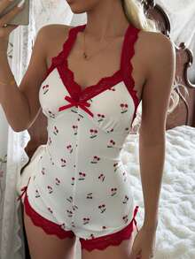 SHEIN 撞色蕾丝露背性感樱桃印花吊带连体裤家居服女装 - 酒紅色 - 查看 5