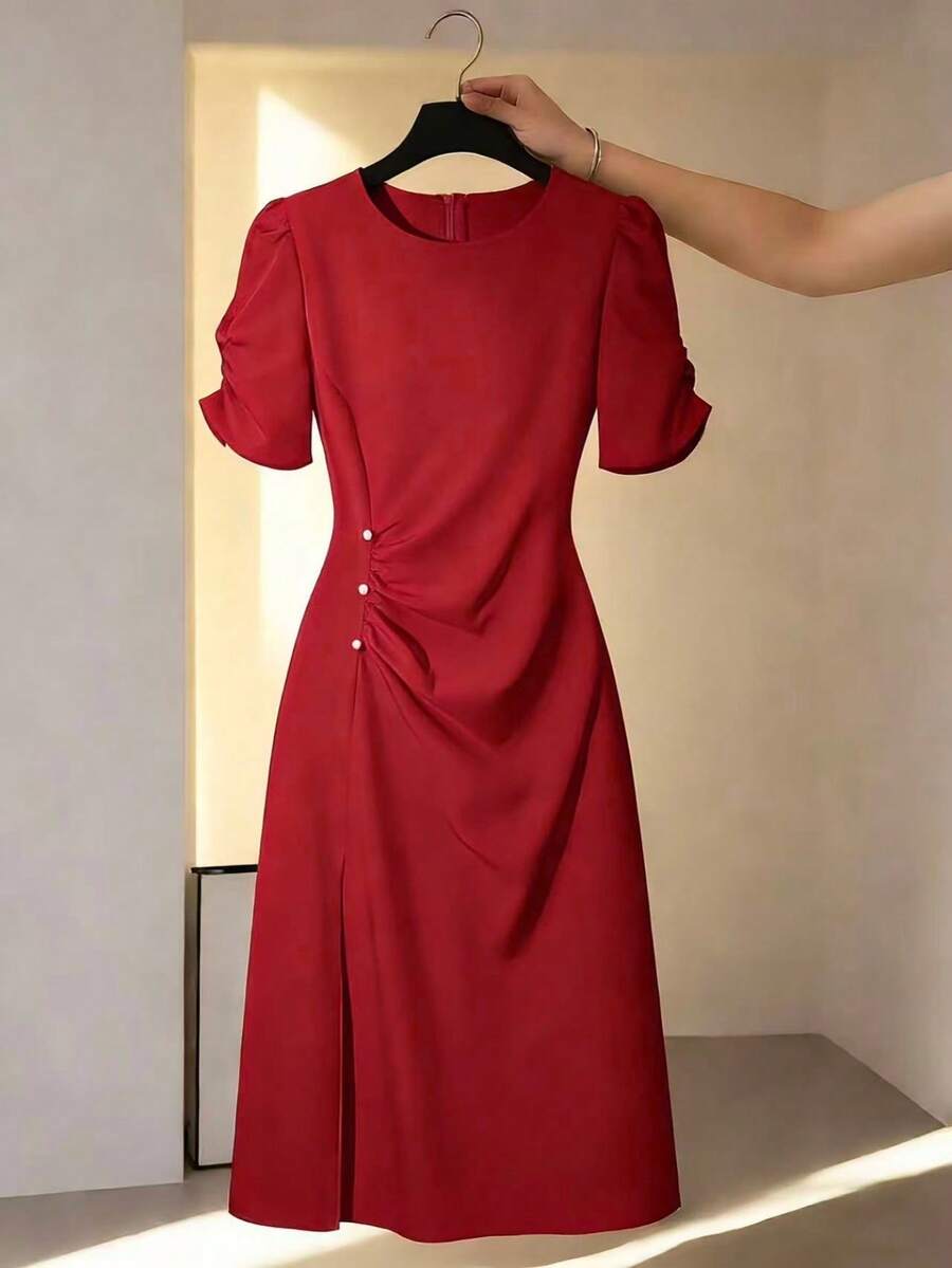 SHEIN Franclia 女士纯色简约日常圆领短袖连衣裙