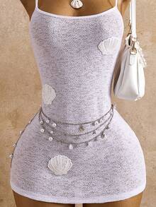 Bellisia 女士夏季度假贝壳拼接紧身吊带连衣裙罩衫 - 白色 - 查看 4