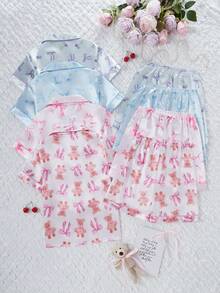 Sweet Style School Girls Pajamas, Satin Fabric With Printed Patterns, Short Sleeve Collared Cardigan Top Paired With Shorts, Comfortable Loungewear, 4 Sets Randomly Shipped As 2 Set Combinations, Suitable For Summer - Multicolor - View 2