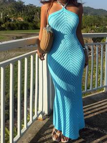 Sunnyshic Women's Blue Hollow Out Lace-Up Beaded Sheer Dress, Elegant Sexy Fashion Dress, Suitable For Summer Beach, Vacation - Blue - View 4