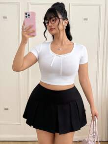 CovetEZ Plus Size Women Solid Color High Waist Casual Versatile Pleated Skirt - Black - View 6
