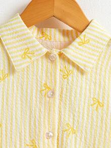 Elladie kids Blusa de manga larga con decoración de lazo a rayas para niñas jóvenes - Amarillo - Ver 4
