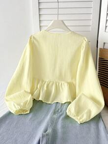 SHEIN 少女休闲简约舒适圆领长袖蝴蝶结纹理面料衬衫，返校季 - 芥末黃 - 查看 2