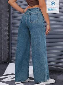 SHEIN EZwear 休闲水洗高腰直筒牛仔裤 - 藍色 - 查看 2